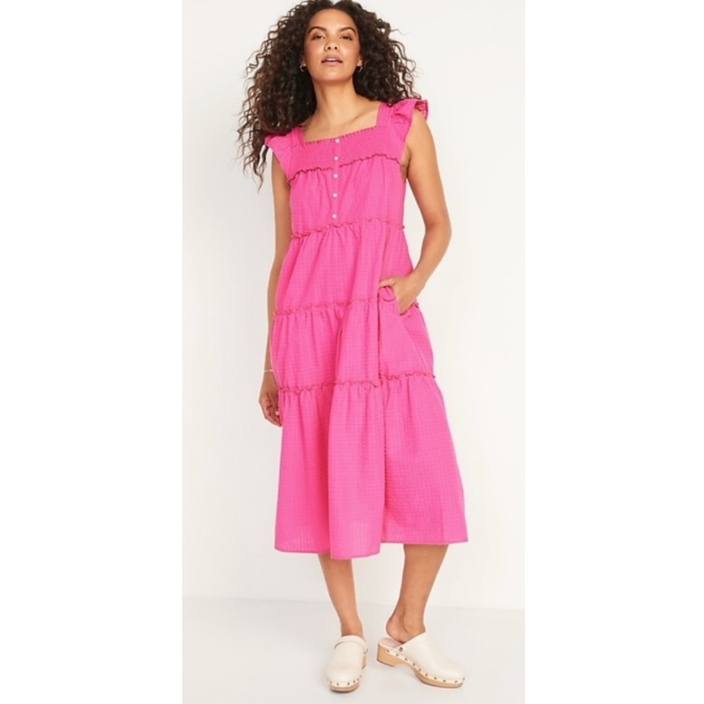 Old Navy Womens Midi Dress L Pink Flutter Sleeve Tiered Smocked Summer Cottage
